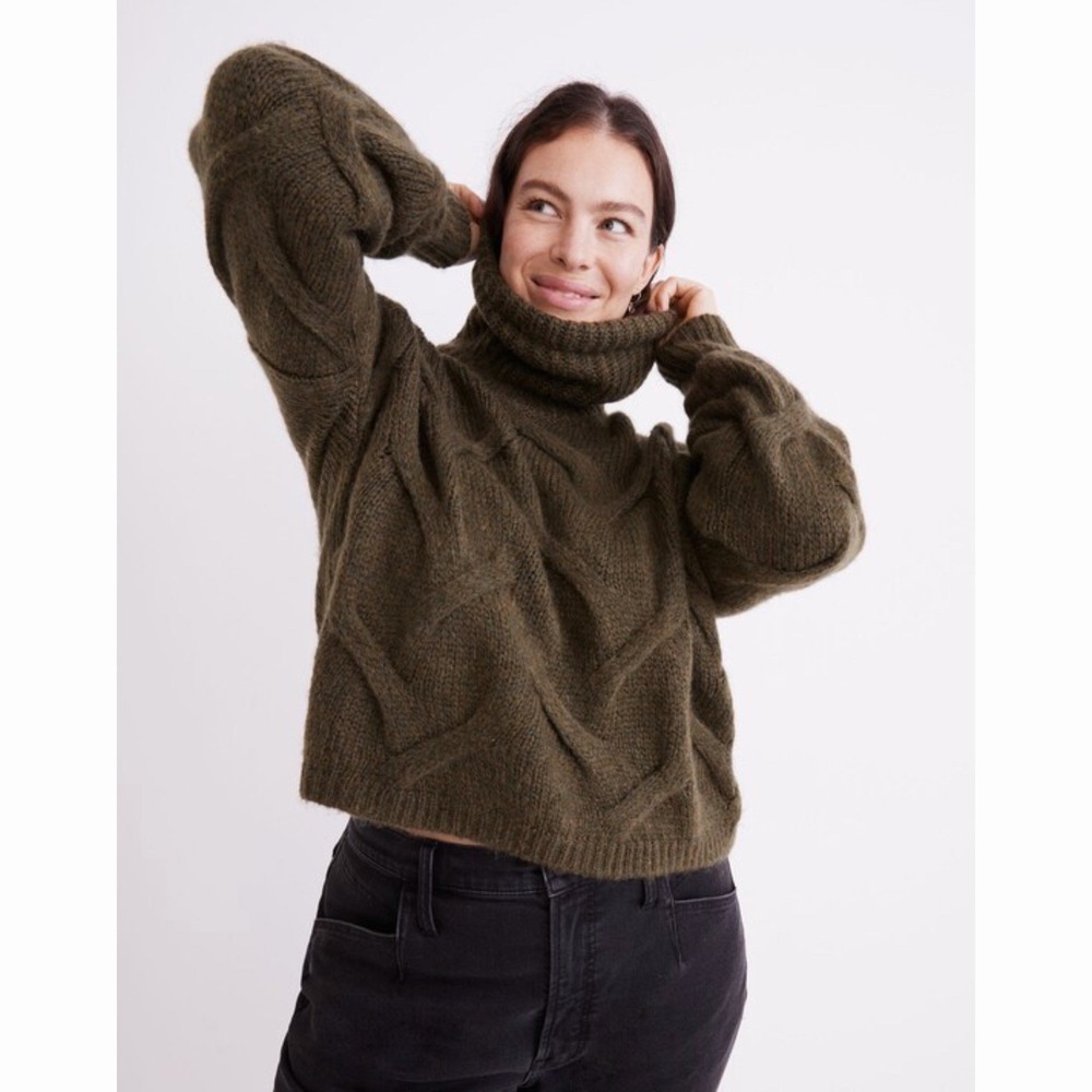 Madewell Somervell Modern Cable Heather Basil Green Turtleneck Sweater
